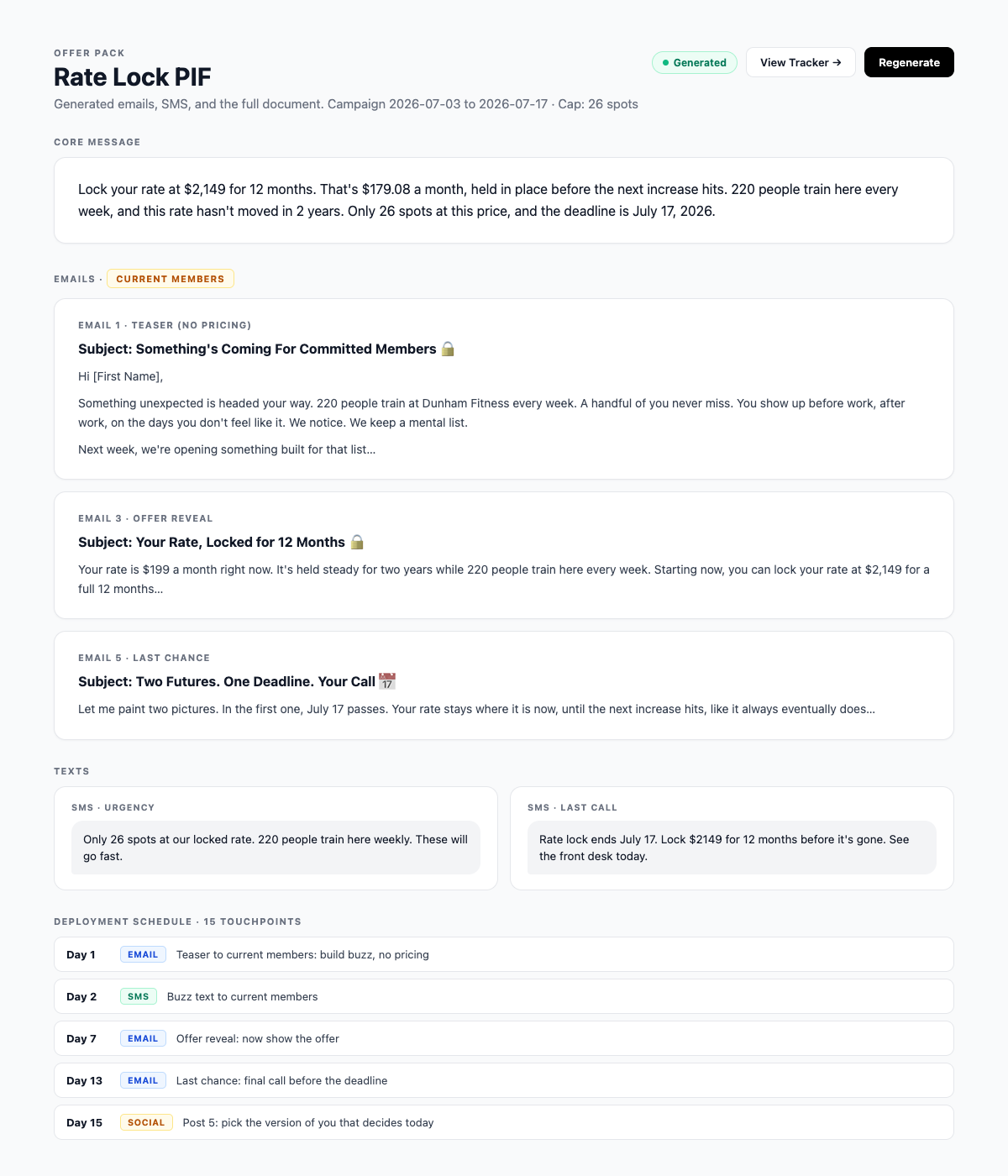 Generated campaign: emails, texts, and schedule built for you